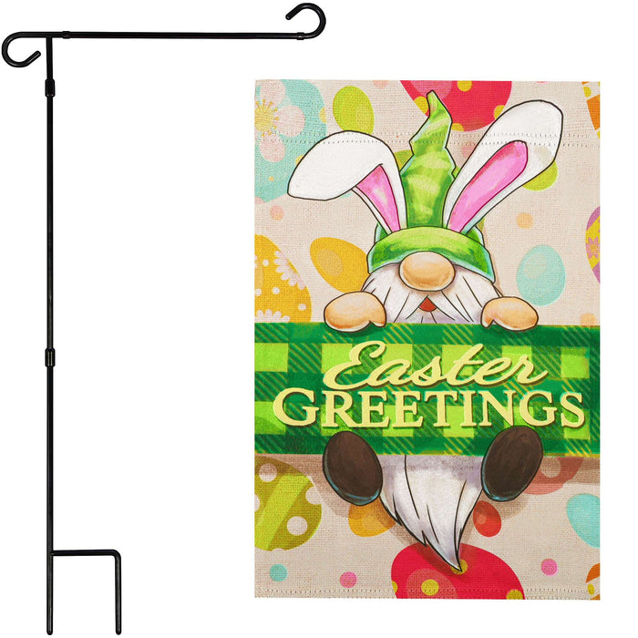 G128 Combo Pack: Garden Flag Stand 36x16IN & Garden Flag Happy Easter Gnome Greetings Printed 12x18IN Double Sided