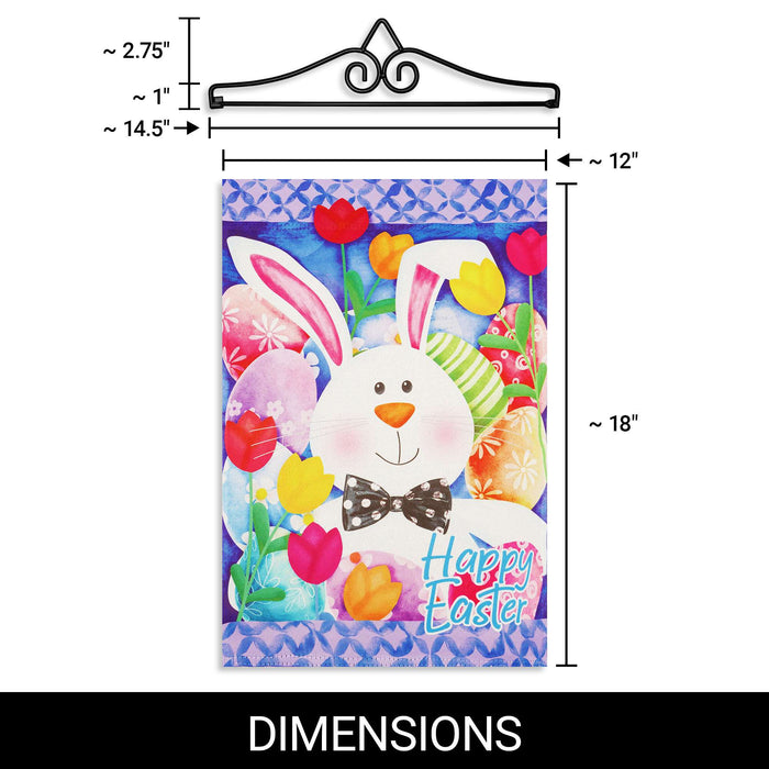 G128 Combo Pack Garden Flag Hanger 14IN & Garden Flag Happy Easter Bunny Tulips Printed 12x18IN Double Sided Yard Garden Lawn Decoration