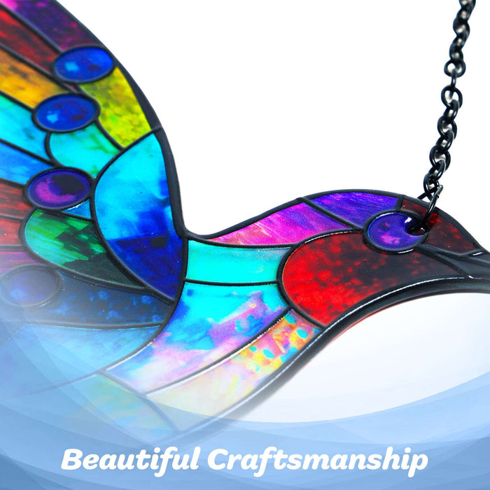 G128 hummingbird stained glass suncatcher window hanging ornament with metal frame, 10 inch nominal size