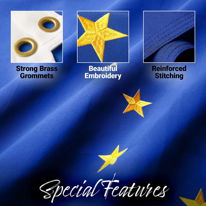 G128 Alaska State Flag | 1x1.5 Ft | StormFlyer Series Embroidered 220GSM Spun Polyester | Embroidered Design, Indoor/Outdoor, Brass Grommets, Heavy Duty, All Weather