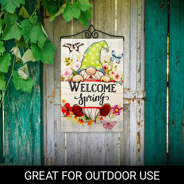 G128 Combo Pack Garden Flag Hanger 14IN & Garden Flag Welcome Spring Gnome Flowers Printed 12x18IN Double Sided