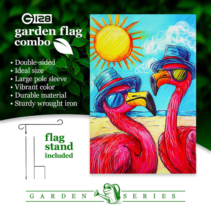 G128 36x16IN Garden Flag Stand & 12x18 Summer Flamingo Beach Flag Kit