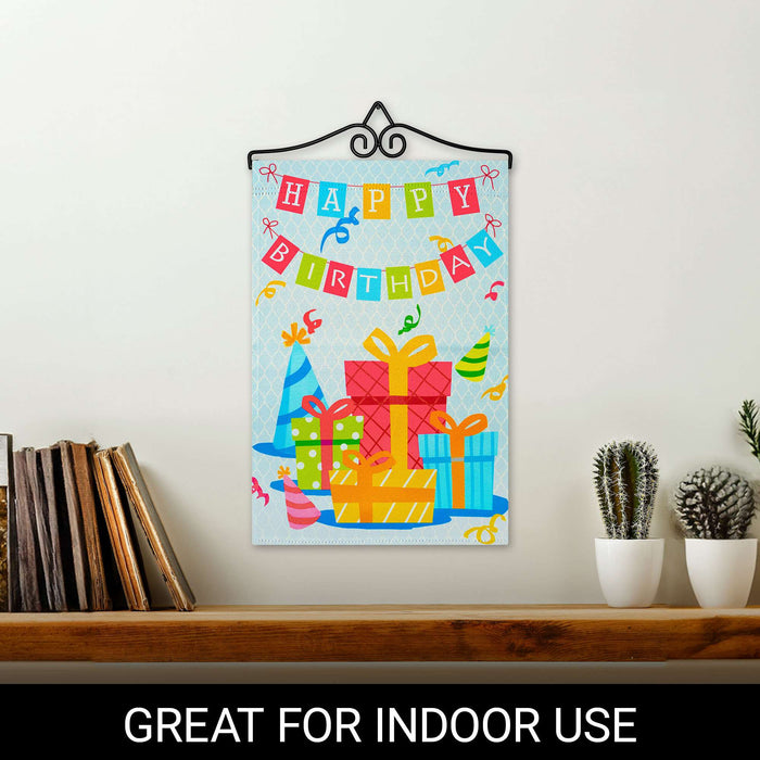 G128 Combo Pack Garden Flag Hanger 14IN & Garden Flag Happy Birthday Presents Printed 12x18IN Double Sided