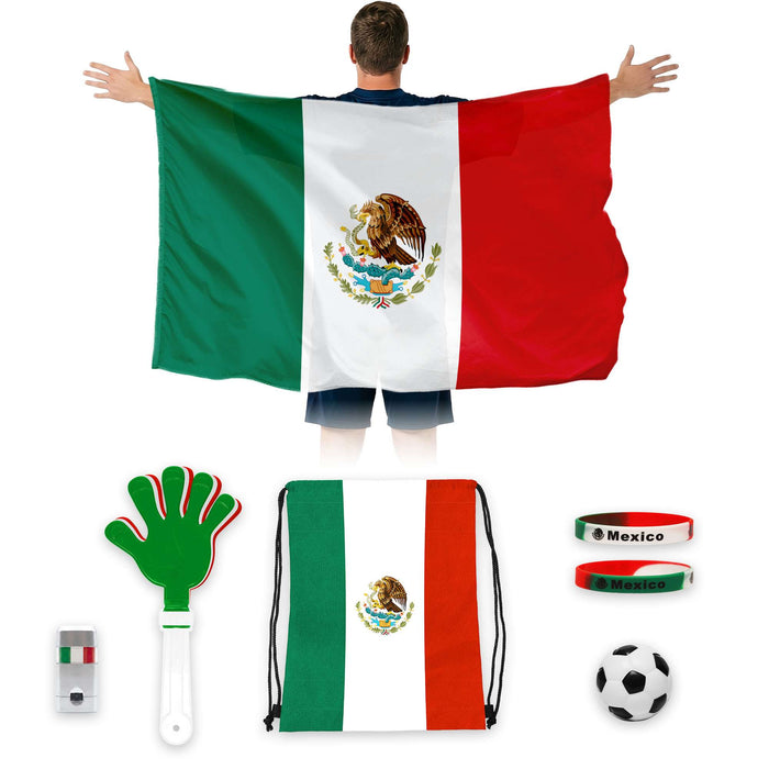 G128 World Soccer Tournament 2026 Cup Soccer Fan Set 6PCS, Mexico Fan Merch with Flag and Bracelet, Accessories for Sports Parties