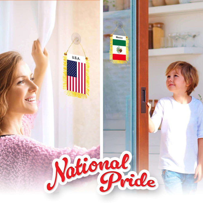 G128 Combo Pack: American USA & Mexico Mexican Fringy Flag Double Sided 3x5 In | Both Fringy Hanging Flag with Suction Cup