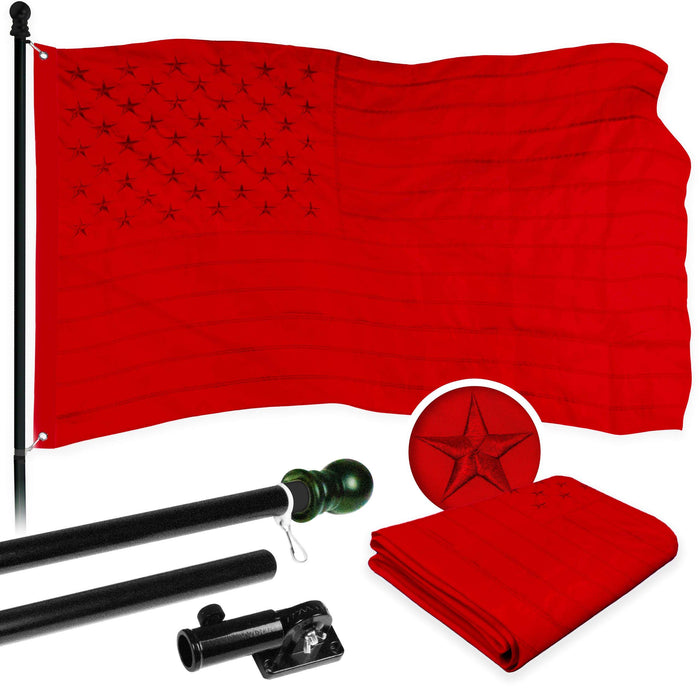 G128 Combo Pack: 6 Ft Twist Free Aluminum Spinning Flagpole (Black) & American USA All Red Flag | 3x5 Ft | ToughWeave Series Embroidered 300D Polyester | Pole with Flag Included