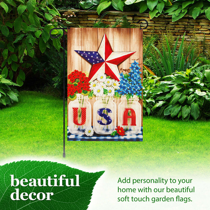 G128 Combo Pack: Garden Flag Stand 36x16IN & Garden Flag USA Star Flowers Printed 12x18IN Double Sided