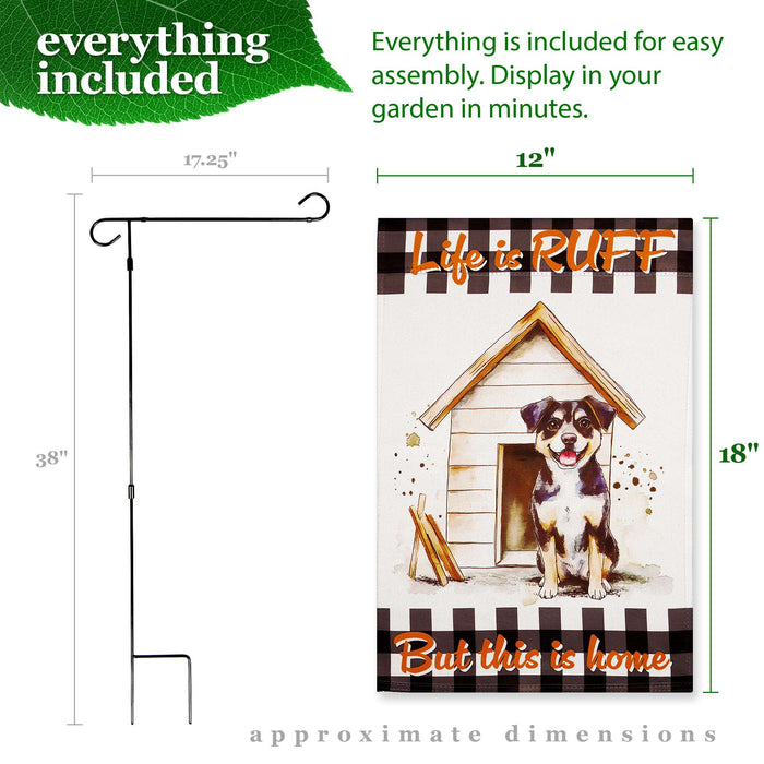 G128 Combo Pack: Garden Flag Stand Black 36x16IN & Garden Flag Life is Ruff Dog House Printed 12x18IN Double Sided Yard Lawn Decoration