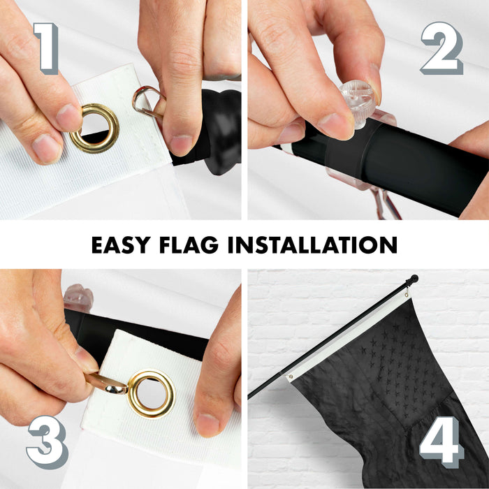 G128 Combo Pack: 5 Ft Tangle Free Aluminum Spinning Flagpole (Black) & American USA All Black Flag 2x3 Ft, ToughWeave Series Embroidered 300D Polyester | Pole with Flag Included