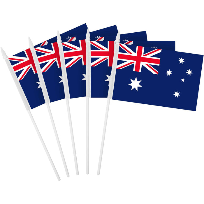 G128 10 Pack Handheld Australia Australian Stick Flags | 4x6 In | Printed 150D Polyester, Country Flag, Solid Plastic Stick, Spear White Tip