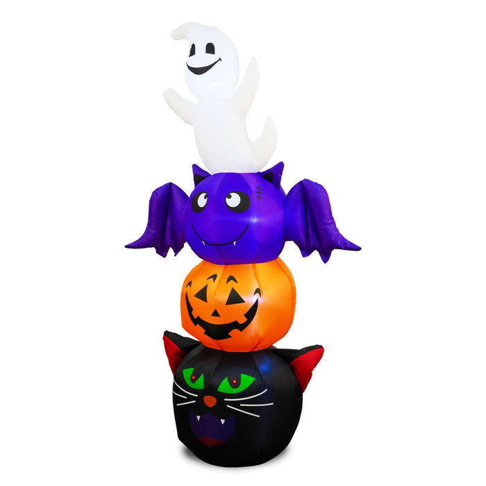 G128 6FT inflatable Halloween stack of a ghost, bat, pumpkin and black cat lit up on a lawn