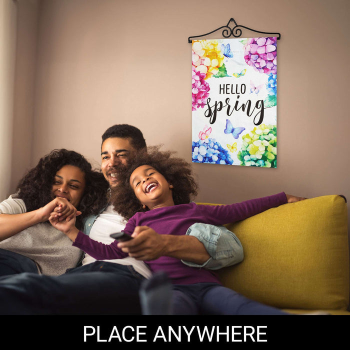 G128 12x18IN Hello Spring Hydrangea Butterfly Garden Flag with 14IN Hanger