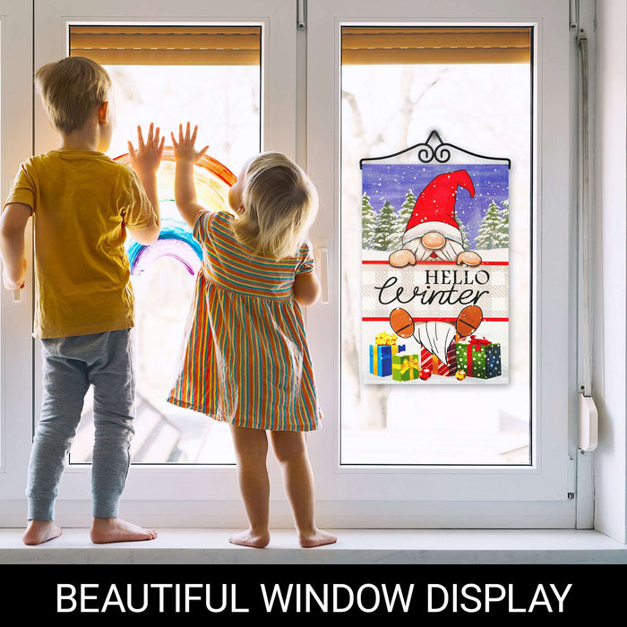 G128 Combo Pack Garden Flag Hanger 14IN & Garden Flag Hello Winter Gnome Gifts Printed 12x18IN Double Sided