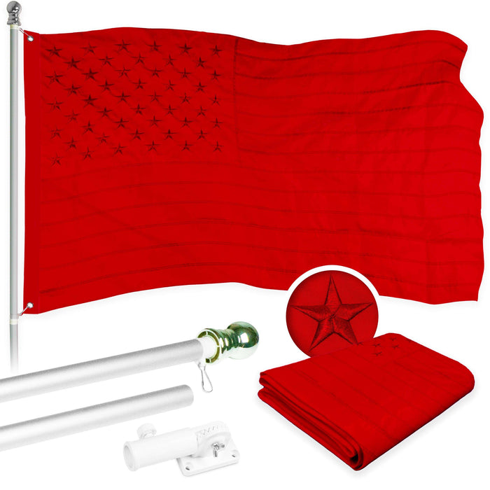 G128 Combo Pack: 6 Ft Twist Free Aluminum Spinning Flagpole (Silver) & American USA All Red Flag | 3x5 Ft | ToughWeave Series Embroidered 300D Polyester | Pole with Flag Included