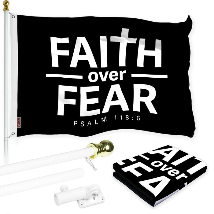 G128 Combo Pack: 6 Ft Tangle Free Aluminum Spinning Flagpole (White) & Faith over Fear Flag 3x5 Ft, LiteWeave Pro Series Printed 150D Polyester | Pole with Flag Included