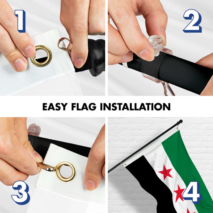 G128 Combo Pack: 6 Ft Tangle Free Aluminum Spinning Flagpole (Black) & Republic of Syria Flag 3x5 Ft, LiteWeave Pro Series Printed 150D Polyester | Pole with Flag Included