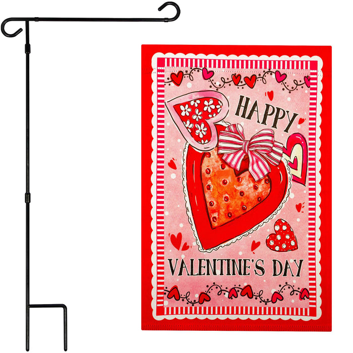 G128 Combo Pack: Garden Flag Stand 36x16IN & Garden Flag Happy Valentine's Day Heart Cookie Printed 12x18IN Double Sided