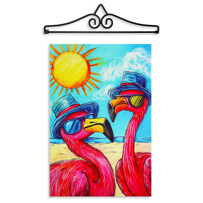 G128 12x18IN Summer Flamingo Beach Garden Flag with 14IN Hanger