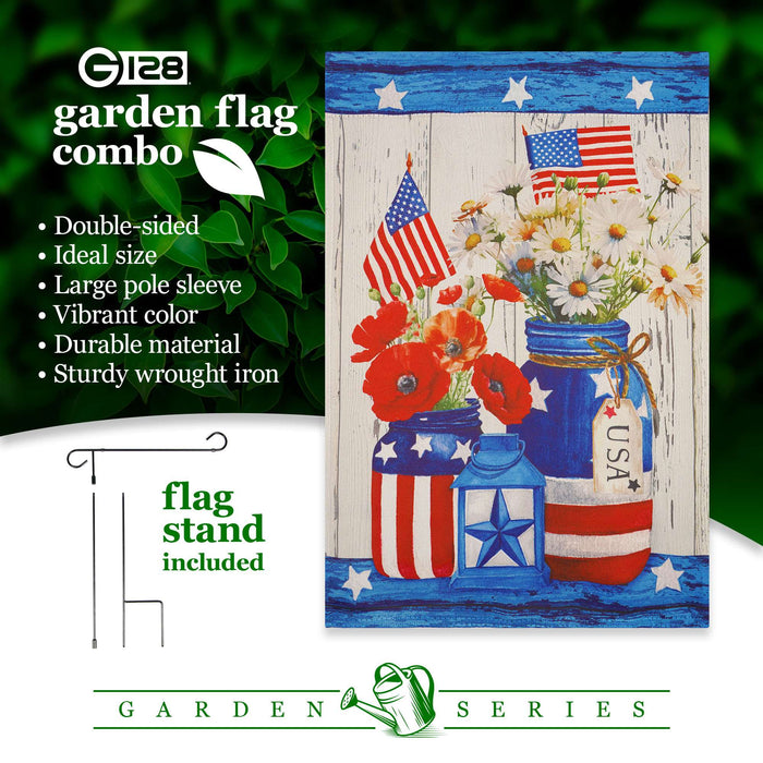 G128 Combo Pack Garden Flag Stand Black 36x16IN & Garden Flag Rustic Mason Jar Patriotic Flowers Printed 12x18IN Double Sided Yard Garden Lawn Decoration