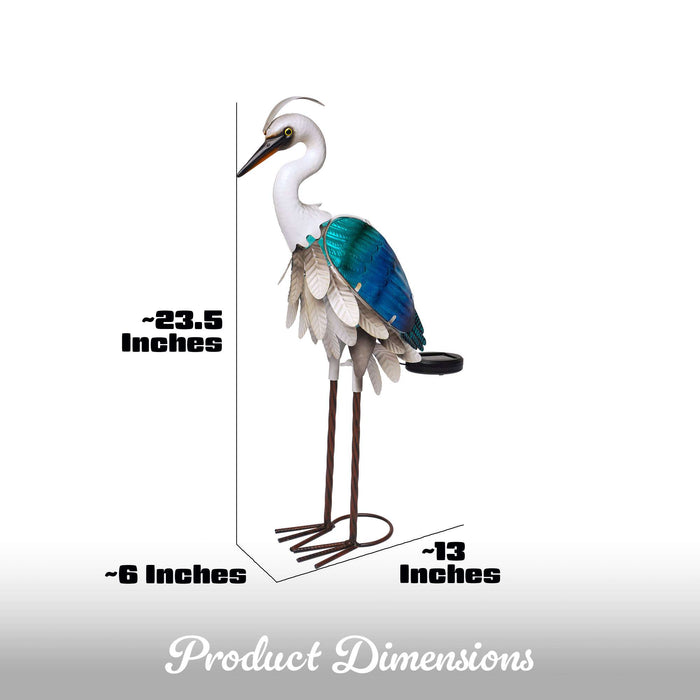 G128 Solar Metal Heron Garden Statue | 24 in Coastal Ocean Bird Outdoor Decor with LED Lights, Colorful Yard Art for Lawn Patio Backyard