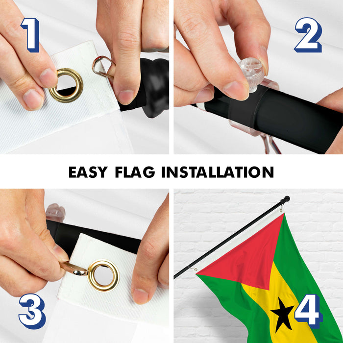 G128 Combo Pack: 6 Ft Twist Free Aluminum Spinning Flagpole (Black) & Sao Tome and Principe Flag | 3x5 Ft | LiteWeave Pro Series Printed 150D Polyester | Pole with Flag Included