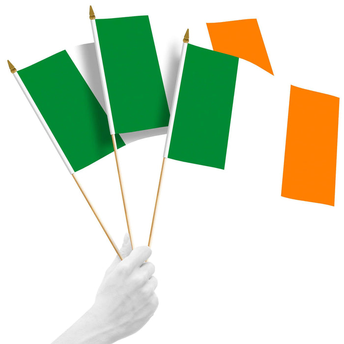 G128 10 Pack Handheld Ireland Irish Stick Flags | 12x18 In | Printed 150D Polyester, Country Flag, Solid Plastic Stick, Spear White Tip
