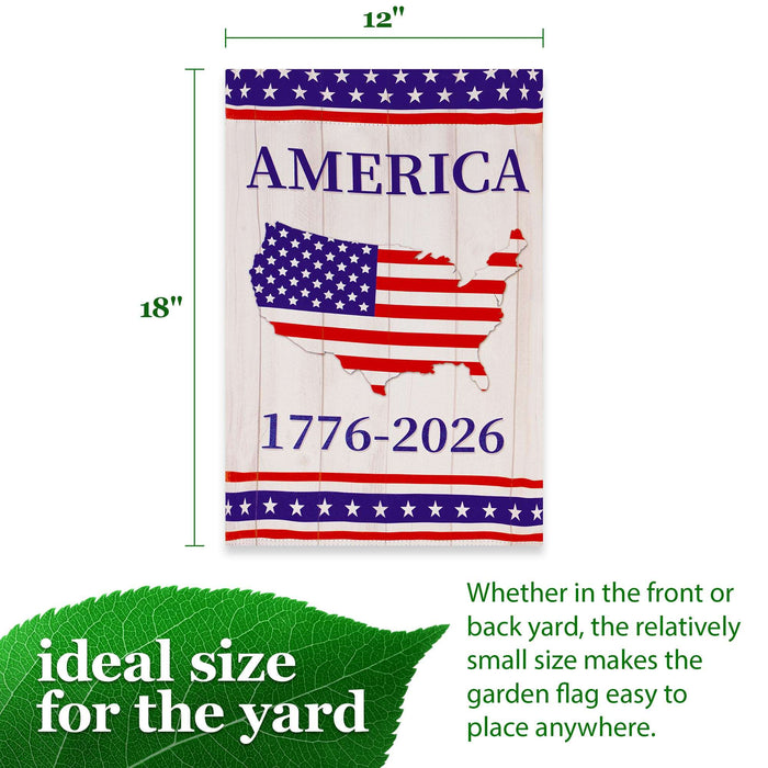 G128 USA 250th Anniversary Rustic Map Garden Flag 12x18 In | Double Sided Printed Patriotic Yard Decoration with USA Map Design | America 1776–2026 Celebration Flag for Lawn or Garden