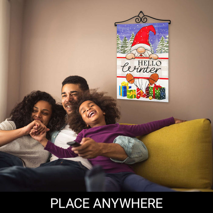 G128 Combo Pack Garden Flag Hanger 14IN & Garden Flag Hello Winter Gnome Gifts Printed 12x18IN Double Sided