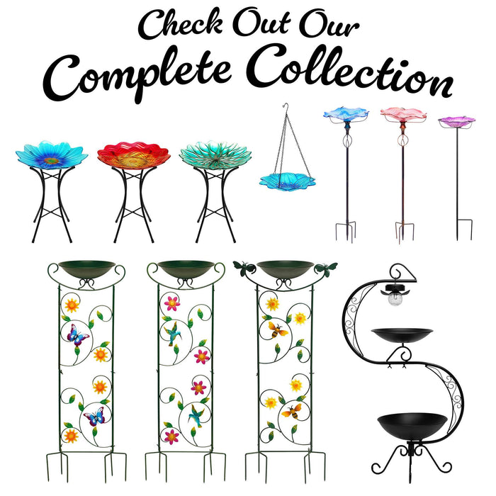 G128 metal bird bath and bird feeder on a garden stake with bee flower bird trellis, about 35 inches tall