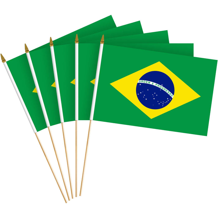 G128 10 Pack Handheld Brazil Brazilian Stick Flags | 8x12 In | Printed 150D Polyester, Country Flag, Solid Plastic Stick, Spear White Tip
