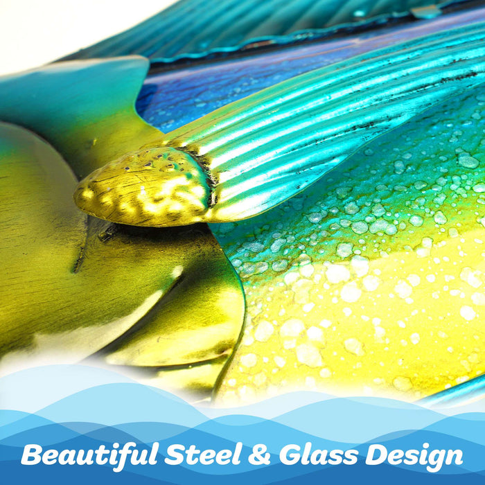 G128 36 IN Green Mahi-mahi Metal Wall Art Decor | Tropical Ocean Theme Indoor Outdoor Wall Art Hanging Decor for Bedroom, Living Room, Garden, Patio