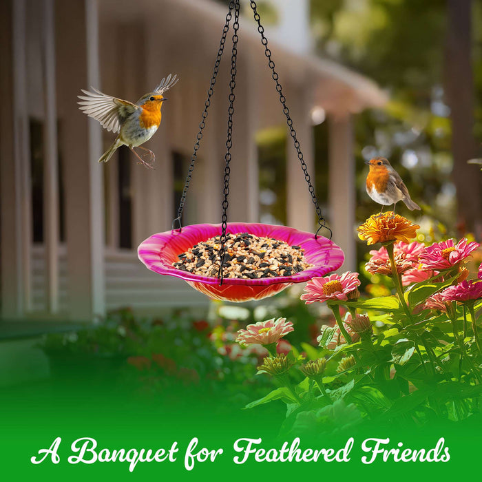 G128 Hanging Glass Bird Bath Outdoor Bird Feeder 8-inch for Garden Decoration Pink Flower Design