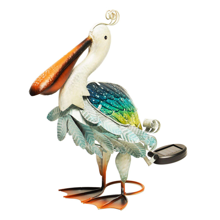 G128 Solar Metal Pelican Garden Statue | 17 Inch Coastal Ocean Bird Yard Art with Colorful Wings and Solar-Powered Light for Lawn, Patio, and Backyard