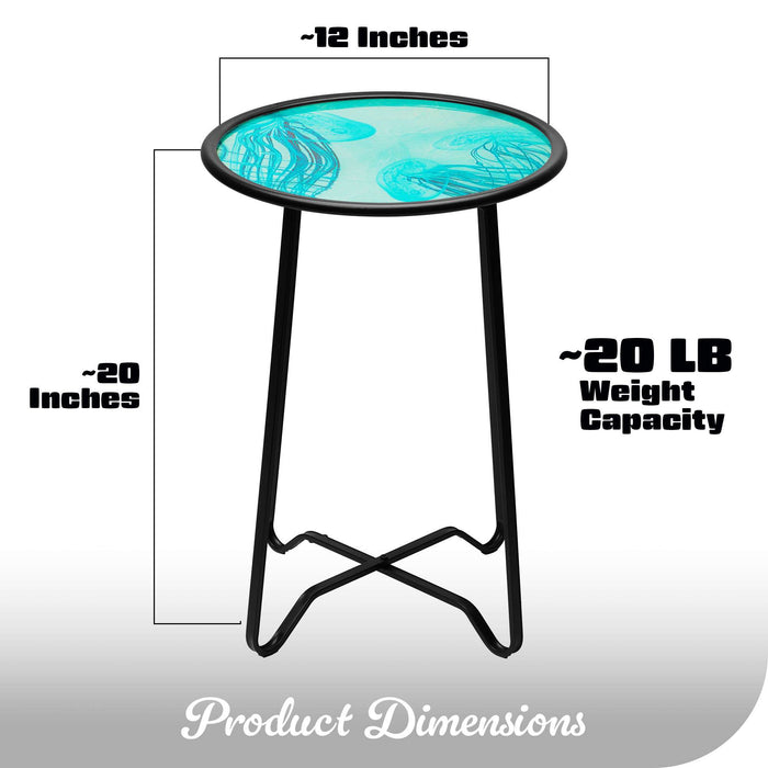 G128 14 in Round Glass Outdoor Side Table Jellyfish Ocean Pattern | Decorative Plant Stand, Small End Table for Garden Patio Porch Living Room