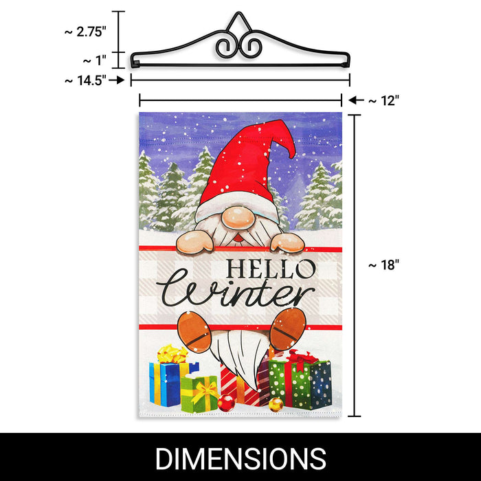 G128 Combo Pack Garden Flag Hanger 14IN & Garden Flag Hello Winter Gnome Gifts Printed 12x18IN Double Sided