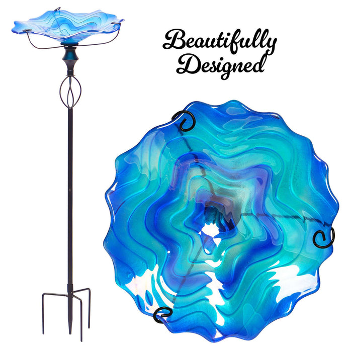 G128 32 Inch Height Glass Bird Baths with Metal Stake | Decorative Blue Outdoor Garden Bird Feeder