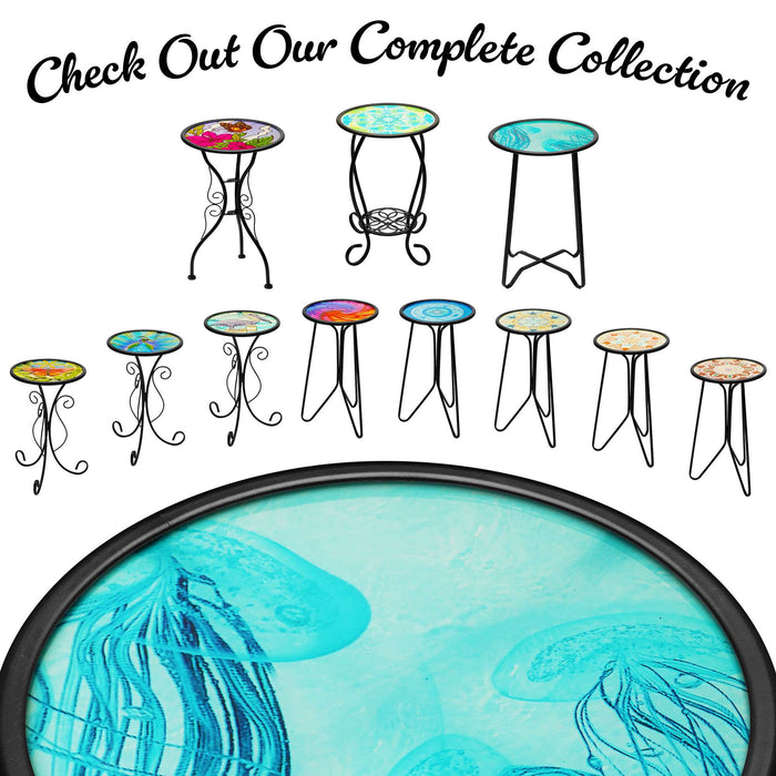 G128 14 in Round Glass Outdoor Side Table Jellyfish Ocean Pattern | Decorative Plant Stand, Small End Table for Garden Patio Porch Living Room