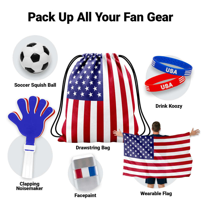 G128 World Soccer Tournament 2026 Cup Soccer Fan Set 6PCS, USA Fan Merch with Flag and Bracelet, Accessories for Sports Parties