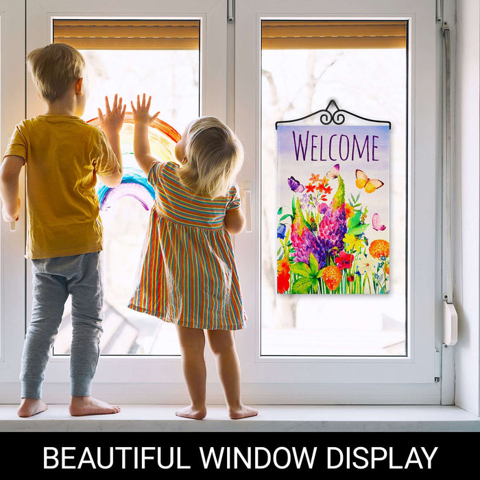 G128 Combo Pack Garden Flag Hanger 14IN & Garden Flag Spring Floral Butterfly Welcome Printed 12x18IN Double Sided Yard Garden Lawn Decoration