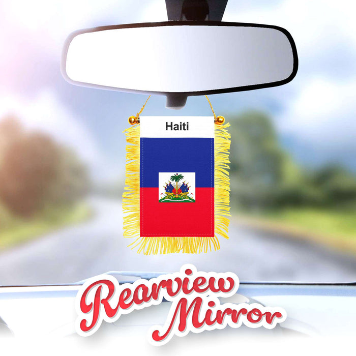 G128 Haiti Haitian Fringy Flag | Fringy Hanging Double Sided Flag with Suction Cup, Window and Car Rearview Mirror Decor