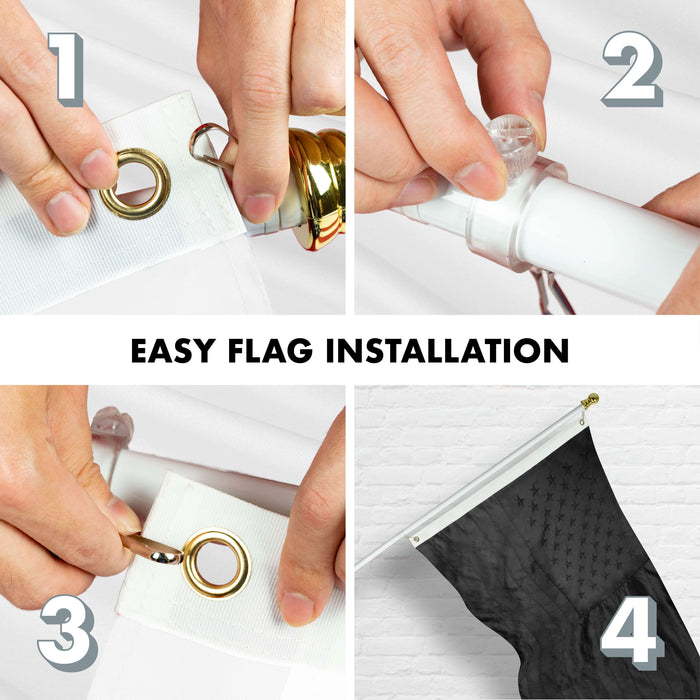 G128 Combo Pack: 5 Ft Tangle Free Aluminum Spinning Flagpole (White) & American USA All Black Flag 2x3 Ft, ToughWeave Series Embroidered 300D Polyester | Pole with Flag Included