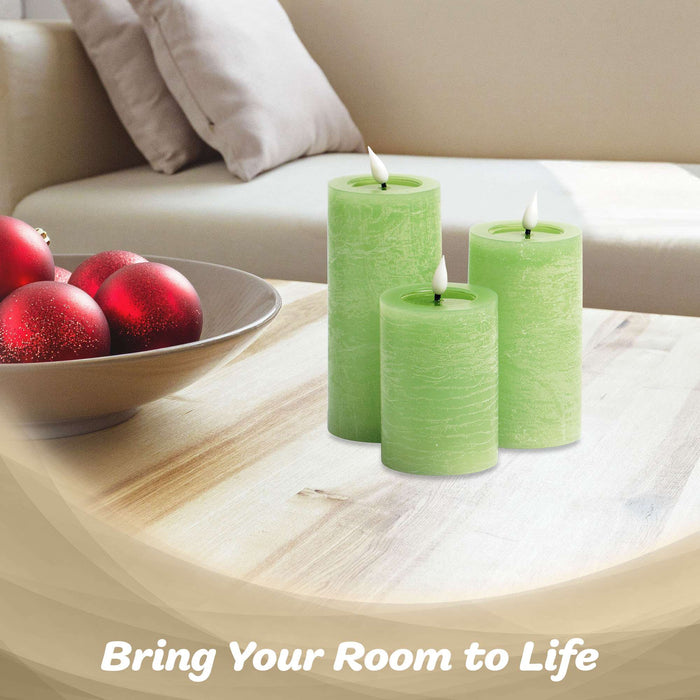 G128 set of three green flameless LED pillar candles in 6, 5, and 4 inch heights
