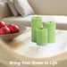 G128 set of three green flameless LED pillar candles in 6, 5, and 4 inch heights