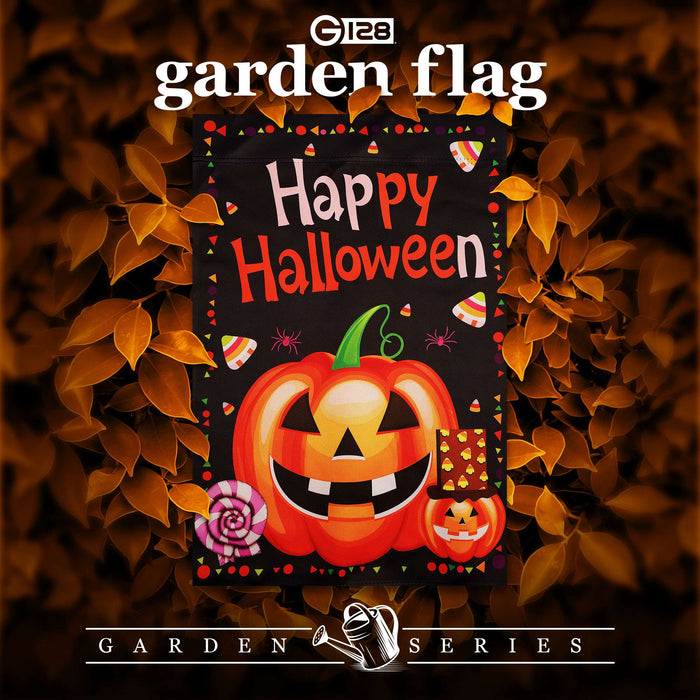 G128 Happy Halloween Pumpkin Candy Garden Flag 12x18 In Double Sided Halloween Yard Garden Lawn Decoration