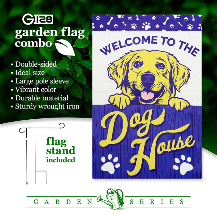 G128 Combo Pack: Garden Flag Stand Black 36x16IN & Garden Flag Welcome to the Dog House Yellow Labrador Printed 12x18IN Double Sided Yard Lawn Decoration