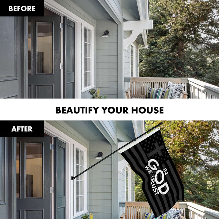 G128 Combo Pack: 6 Ft Tangle Free Aluminum Spinning Flagpole (Black) & In God We Trust Patriotic Flag 3x5 Ft, LiteWeave Pro Series Printed 300D Polyester | Pole with Flag Included