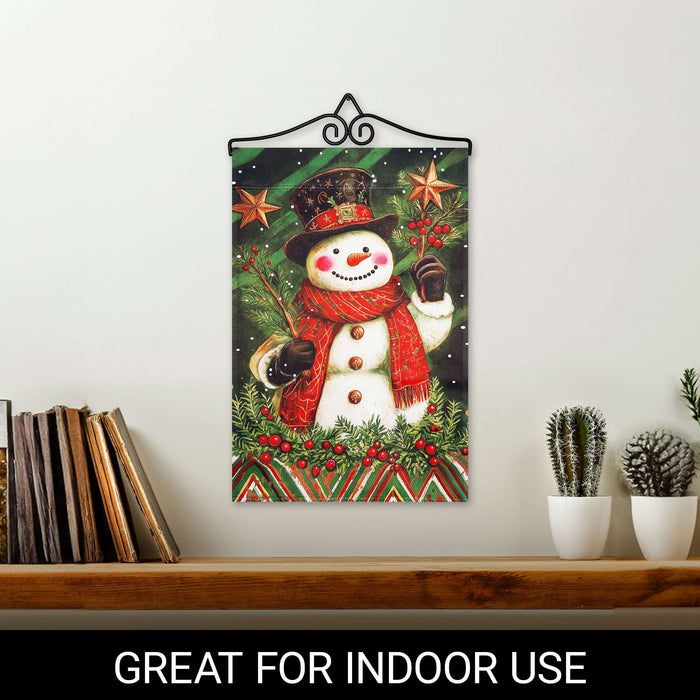 G128 12x18IN Christmas Red Scarf Snowman Holly Garden Flag with 14IN Hanger