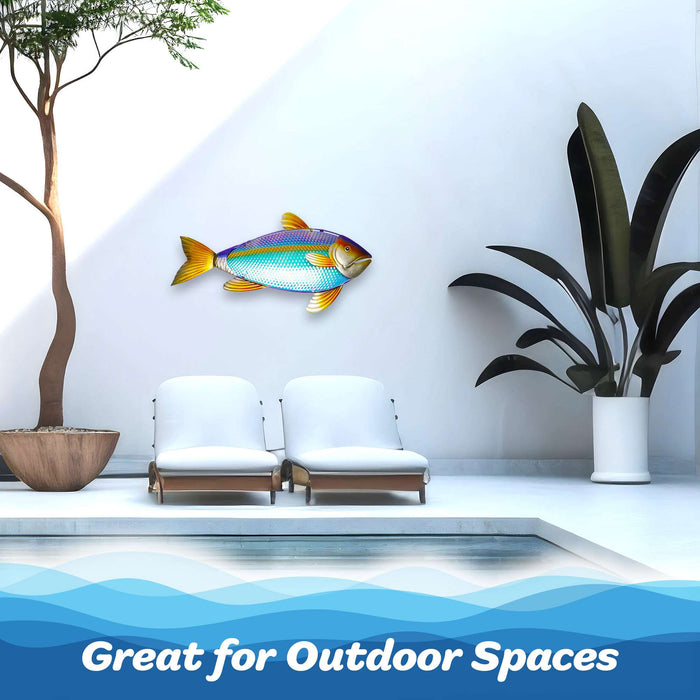 G128 32 in Yellowtail Fish Metal Wall Art Decor | Coastal Ocean Theme Indoor Outdoor Wall Art Hanging Decor for Bedroom, Living Room, Garden, Patio