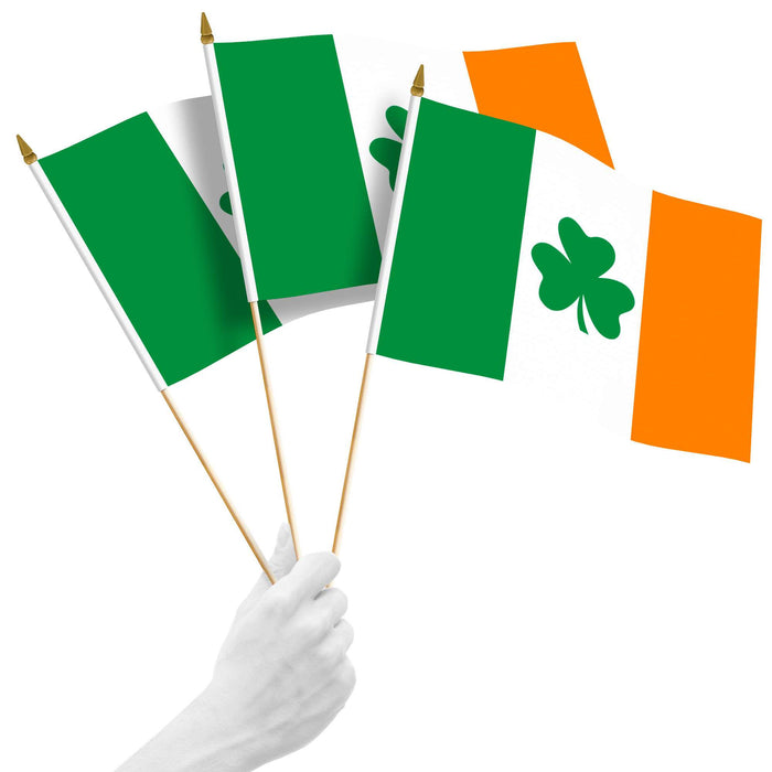 G128 10 Pack Handheld Ireland Shamrock Irish Stick Flags | 12x18 In | Printed 150D Polyester, Country Flag, Solid Plastic Stick, Spear White Tip