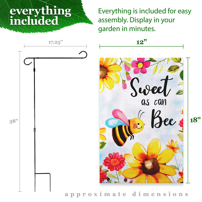 G128 Combo Pack: Garden Flag Stand 36x16IN & Garden Flag Sweet Bee Flowers Printed 12x18IN Double Sided